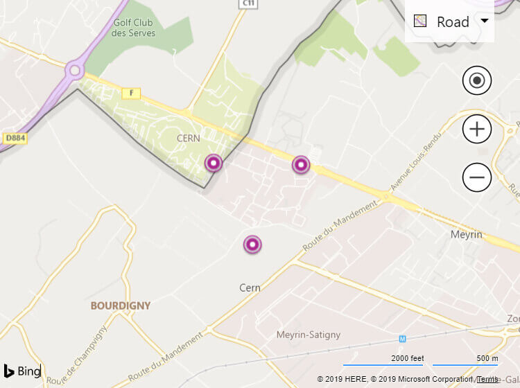 Bing Maps Control API example: Display multiple point locations as map markers.